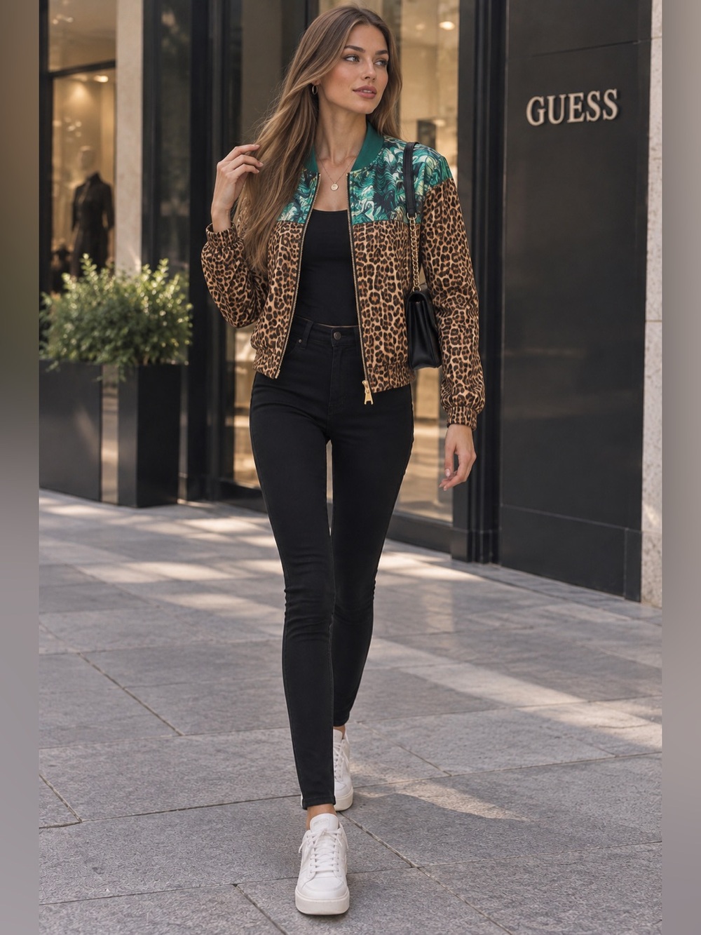 GUESS Leopard Tropical Print Lightweight Bomber Jacket Size S